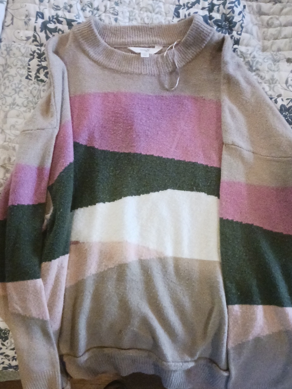 Terra & Sky Striped Crewneck Sweater in Taupe, Pink, Green & Cream